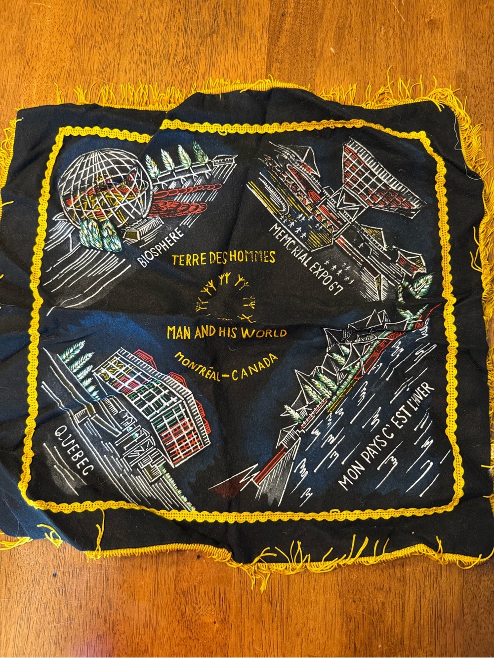 Vintage Expo 67 Montreal Souvenir Scarf - Black with Yellow Trim